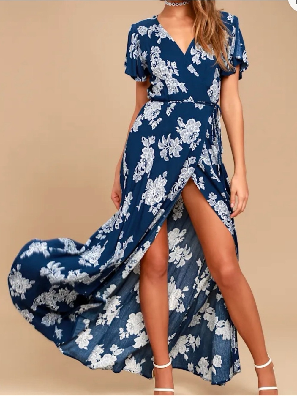 Lulus Heart of Marigold Navy Blue Floral Print Wrap Maxi Dress Size XL Party